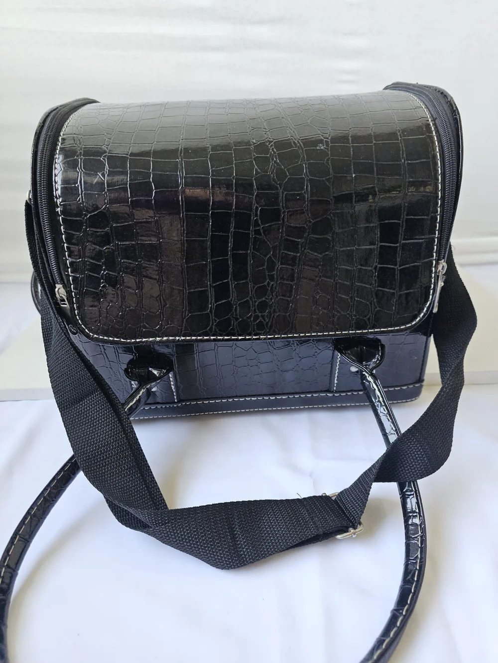 Black Faux Croc Cantilever Makeup Train Case Vintage Style Travel Vanity Bag